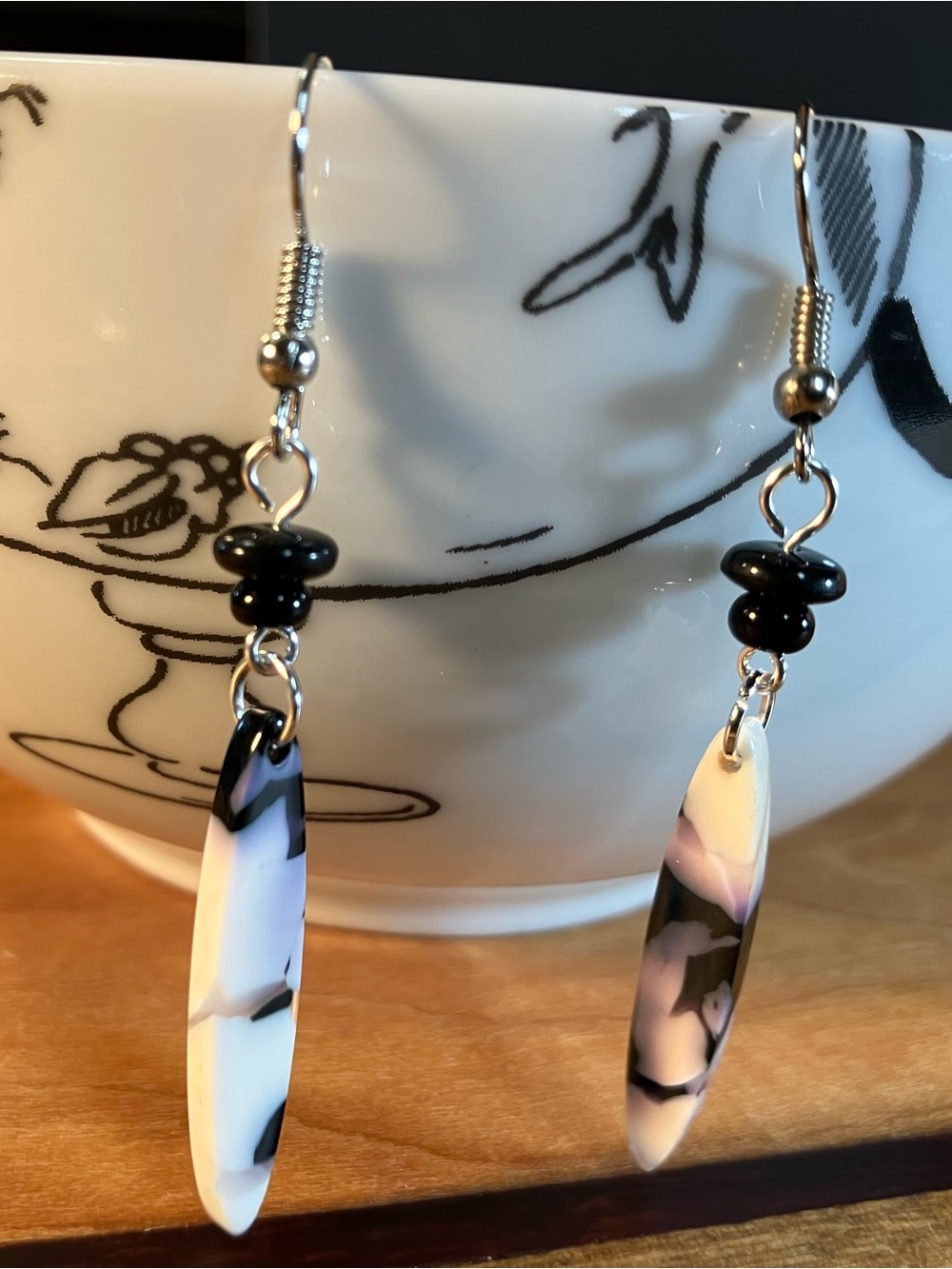 Handmade Black and White Resin Drop Earrings mixed with Black Glass